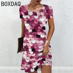 3D Colorful Fish Scales Print Dress Oversized Women Short Sleeve Casual Dress Female Loose A-Line Mini Dress Vestidos De Mujer
