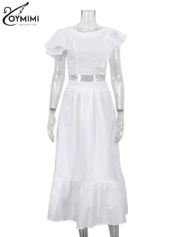 Oymimi Fashion White 2 Piece Sets Women Outfit Elegant O-Neck Ruffled Asymmetrical Crop Tops And High Waist Loose Skirts Sets