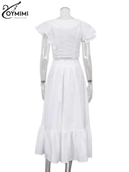 Oymimi Fashion White 2 Piece Sets Women Outfit Elegant O-Neck Ruffled Asymmetrical Crop Tops And High Waist Loose Skirts Sets
