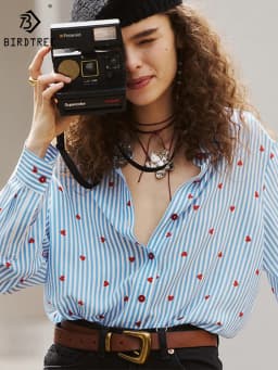 BirdTree 16MM 100%Real Silk Elegant Shirt,Women Retro Stripe Print,Long Sleeve Loose Commute Blouse,2026 Spring New T42123QD