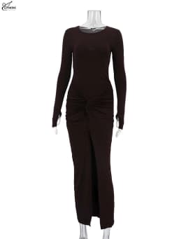 Oymimi Elegant Black O-Neck Dresses For Women Fashion New Slim Long Sleeve Solid Dresses Casual Slit Ankle-Length Skirts Sets