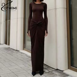 Oymimi Elegant Black O-Neck Dresses For Women Fashion New Slim Long Sleeve Solid Dresses Casual Slit Ankle-Length Skirts Sets
