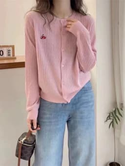 2024 new European station cherry embroidery 100% cashmere cardigan women's crewneck long sleeve wool knit sweater coat top