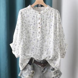 New Spring Cotton Yarn Versatile Shirt Women Stand Collar Tops Girl Short Sleeve Printed Literature Blouse 2024 Autumn T43501QC