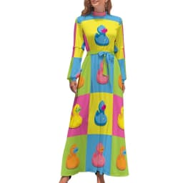 Rubber Ducks Print Dress Long-Sleeve Kawaii Animal Trendy Maxi Dress High Waist Korean Fashion Boho Beach Long Dresses Gift Idea