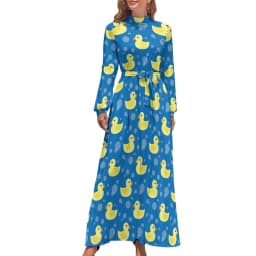 Rubber Ducks Print Dress Long-Sleeve Kawaii Animal Trendy Maxi Dress High Waist Korean Fashion Boho Beach Long Dresses Gift Idea