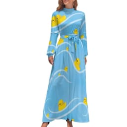 Rubber Ducks Print Dress Long-Sleeve Kawaii Animal Trendy Maxi Dress High Waist Korean Fashion Boho Beach Long Dresses Gift Idea