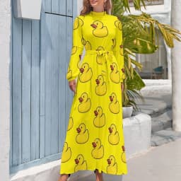 Rubber Ducks Print Dress Long-Sleeve Kawaii Animal Trendy Maxi Dress High Waist Korean Fashion Boho Beach Long Dresses Gift Idea