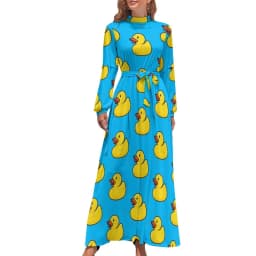 Rubber Ducks Print Dress Long-Sleeve Kawaii Animal Trendy Maxi Dress High Waist Korean Fashion Boho Beach Long Dresses Gift Idea