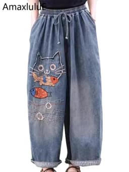 Amax luluE Brand Autumn Fashion Jeans Womens Vintage Loose Embroidery Denim Pants Ladies Casual Classic Cartoon Elastic Trousers