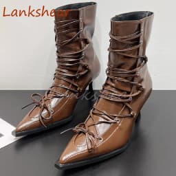 Pointed Toe Cross Tied Women Boots Mid Calf Fashion Solid Thin Heel Patent Leather Niche Design Autumn Women Shoes New Arrivals