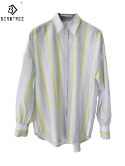 BirdTree,16MM 27.7% Real Silk Elegant Shirt, Women Striped Long Sleeve,OL Fashion Casual Blouses, 2026 Spring New T44985QM