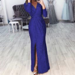 Elegant Women V Neck Long Sleeve Party Long Dress Autumn Winter Fashion Sequin Waist Sexy High Split Casual Slim Maxi Dresses
