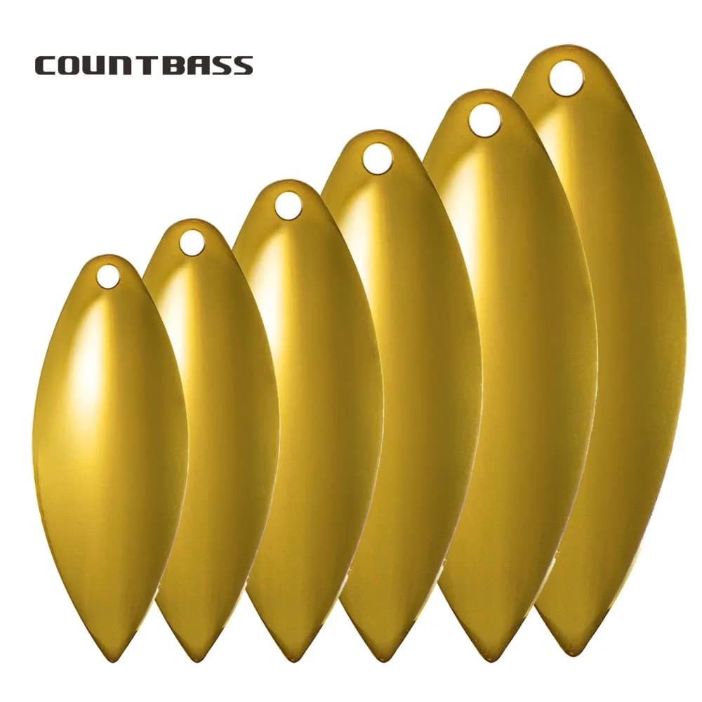 COUNTBASS 50pcs Gold Plated Steel Willow Spinner Blades 1-6 Size Range Smooth Finish DIY Spinner Bait Fishing Lures