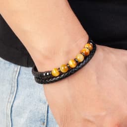 Fashione Mens Jewelry Charm Round Stone Bracelet For Men Colourful Tiger Eye Beads Black Leather Rope Chain Bangles Homme Gifts
