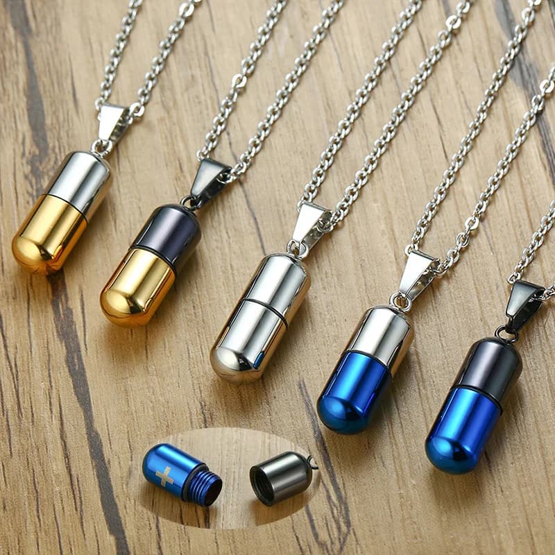 Open Pills Capsule Necklace Pendant for Women Men Stainless Steel Medicine Capsule Holder Jewelry