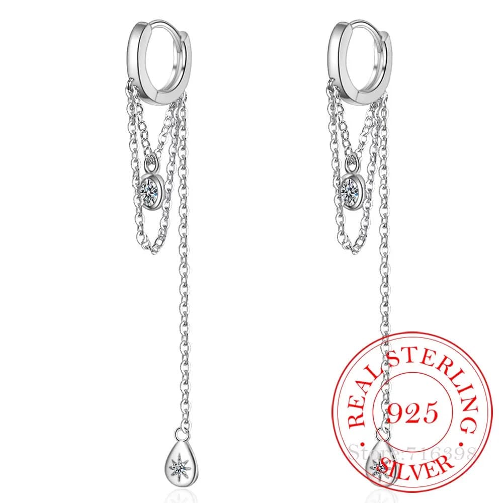 925 Sterling Silvler Tassel Chain Earring Elegance Girlfriend Gift Fine Silver Jewelry Waterdrop Chain Cz Ear Wire bijoux femme