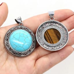 Natural stone Pendant Turquoise Metal Alloy Vintage Round Exquisite charms For jewelry making DIY Necklace accessories 38x42mm