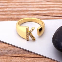 Fashion Chunky Wide Hollow A-Z Letter Gold Color Adjustable Opening Ring Initials Name Alphabet Female Party Wedding Jewelry