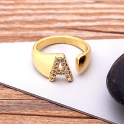 Fashion Chunky Wide Hollow A-Z Letter Gold Color Adjustable Opening Ring Initials Name Alphabet Female Party Wedding Jewelry