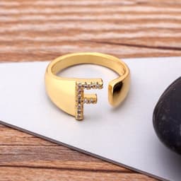 Fashion Chunky Wide Hollow A-Z Letter Gold Color Adjustable Opening Ring Initials Name Alphabet Female Party Wedding Jewelry