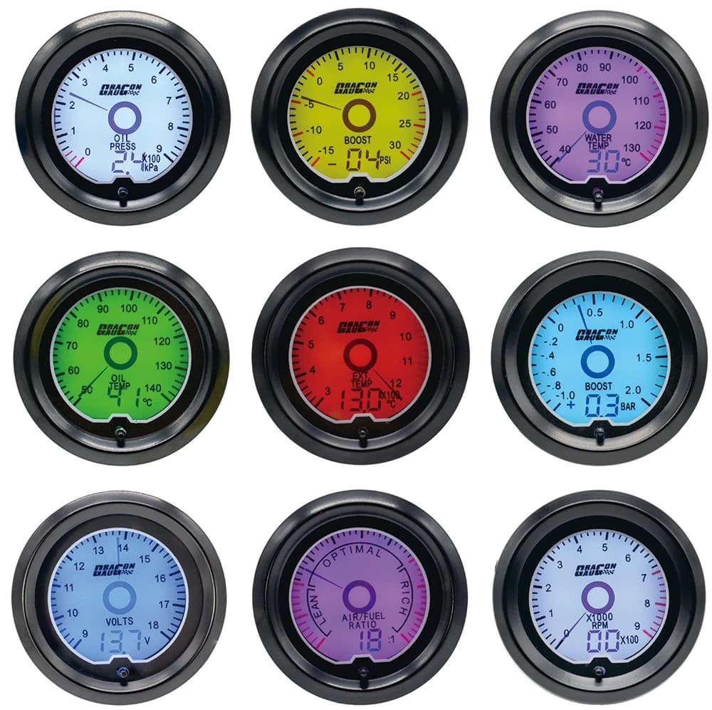 52mm Digital 7 Color Light Car Modification Meter Boost Tachometer Water Oil Temp Pressure Volt Air Fuel Exhaust Gas Rpm Gauge