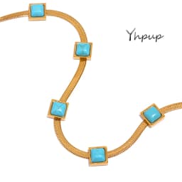 Yhpup Blue Artificial Turquoise Snake Chain Necklace Stainless Steel Golden Collar Jewelry for Women бижутерия для женщин Gift