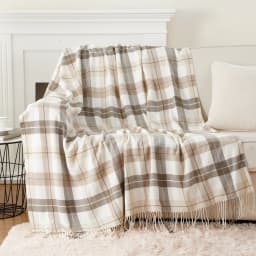 Battilo Plaid Throw Blanket for Couch Orange Lightweight Sofa Blanket Fall Blanket with Tassels Knit Throw for Home Decor
