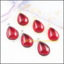 10Pcs Tibetan Silver Tone & Gold Color Teardrop Flower Red Glaze Charms Pendants 13x19.5mm
