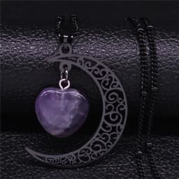 Black Color Stainless Steel Natural Stone Charm Necklace Women Moon Heart Necklace Valentines Jewelry Acero Inoxidable Joyeria