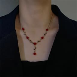 French Retro Bronze Color Y2K Necklace Gothic Red Rose Clavicle Chain Choker Acrylic Flower Pendant Elegant Jewelry Wholesale