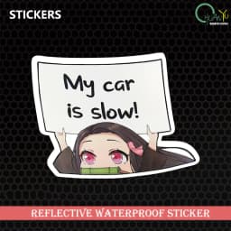 For Demon Slayer Nezuko MY CAR IS SLOW Car Stickers Funny Decal Campervan Vinyl Car Wrap JDM Decals 20CMX14.9CM