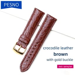 PESNO Black Dark Brown Round Grain Alligator Skin Leather Watch Bands Men Women Watch Accessories with Pin Buckle