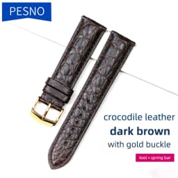 PESNO Black Dark Brown Round Grain Alligator Skin Leather Watch Bands Men Women Watch Accessories with Pin Buckle