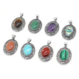 Natural Gem Stone Hollow Alloy Oval Pendant Amethysts Tiger Eye Charms for Jewelry Making DIY Necklace Accessories Gift 33x45mm