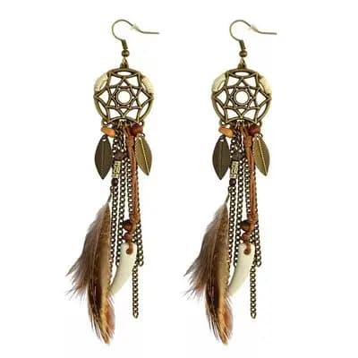 Round Retro Women's Dream Catcher Handmade Long Tassel Feather Earrings Female Leaves Pendant Earring Kolczyki Boho Jewelry