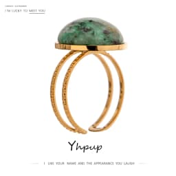 Yhpup Temperament Green Natural Stone Opening Rings for Women Stainless Steel Punk Jewelry Statement Metal Ring Anillos Mujer