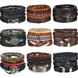 New Trendy Retro 4pcs/Set Bracelets & Bangles Men's Multilayer Black Leather Jewelry Charm Pulseiras Boyfriend Wristband