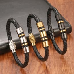 Simple Charm Braided Leather Stainless Steel Black Beaded Single Layer Chakra Bracelet Men's Couple Jewelry Gift