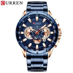 CURREN Men's Watch Casual Sports Chronograph Stainless Steel Strap Black Large Dial Quartz Waterproof Clock Luminous Display