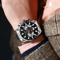 CURREN Men's Watch Casual Sports Chronograph Stainless Steel Strap Black Large Dial Quartz Waterproof Clock Luminous Display