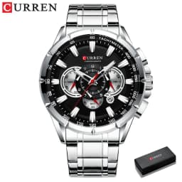CURREN Men's Watch Casual Sports Chronograph Stainless Steel Strap Black Large Dial Quartz Waterproof Clock Luminous Display