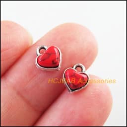 20Pcs Retro Gold Color Tibetan Silver Tone Tiny Heart Blue&Red Stone Charms Pendants 7x8mm