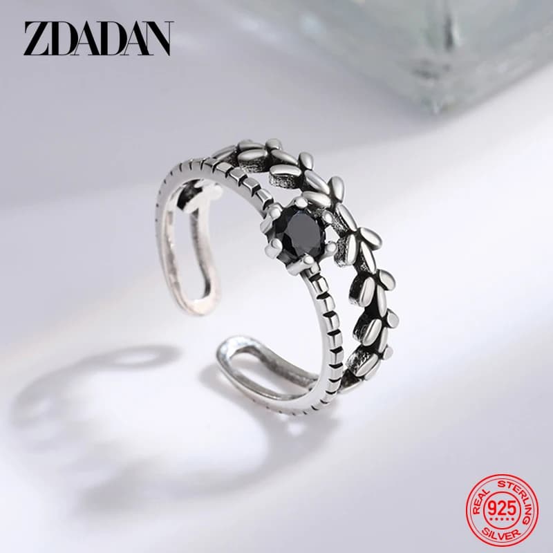 ZDADAN 925 Sterling Silver Double Layer Leaf Obsidian Rings For Women Fashion Jewelry
