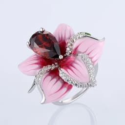 Milangirl Pink Flower Rings for Women Luxury Plant Floral Design Red Zircon Birthstone Ring Engagement Jewelry Whole Sale