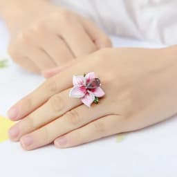 Milangirl Pink Flower Rings for Women Luxury Plant Floral Design Red Zircon Birthstone Ring Engagement Jewelry Whole Sale