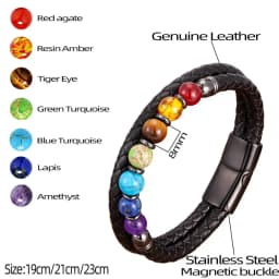 Natural Round Chakra Bead Stone Men's Bracelet Classic Black Genuine Leather Stainless Steel Bangles Women 2020 Fashion Jewelry