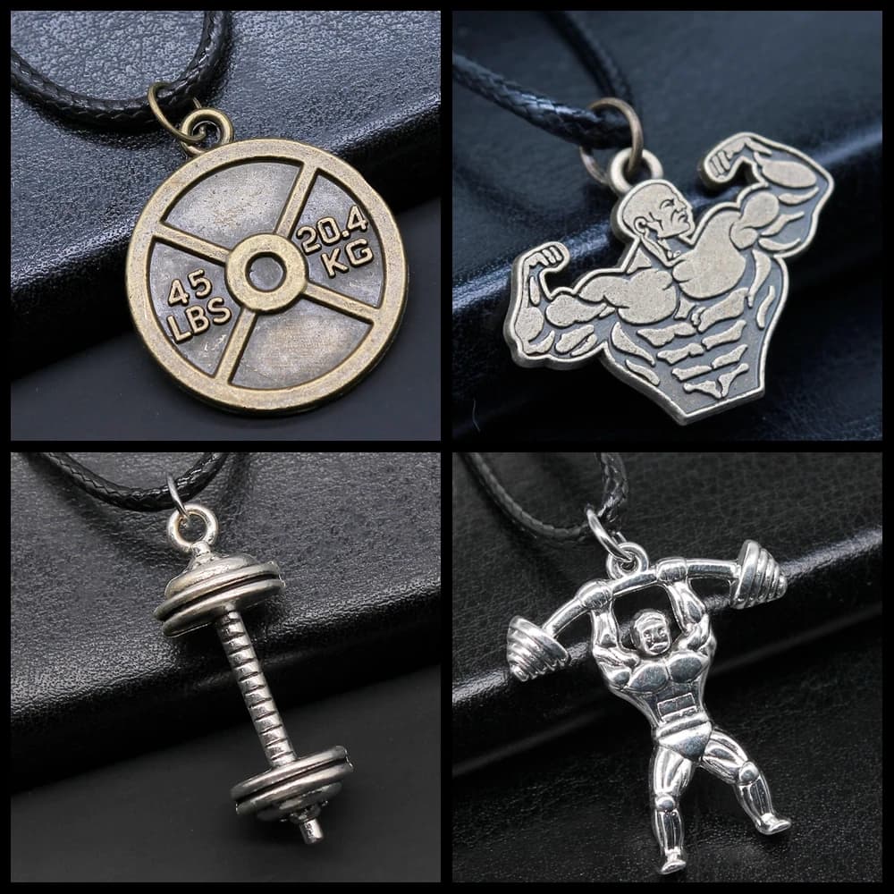 Unisex Retro Vintage Fitness Barbell Weightlifting Weight Film Pendant Faux Black Leather Rope Chain Necklace