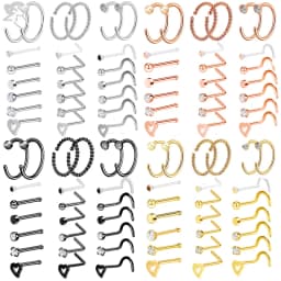 ZS 6-34pcs/Lot Heart Round Nose Piercing Ring Set Stainless Steel Crystal Nose Stud Pack L Shape Nose Nails Piercing Jewelry 20g
