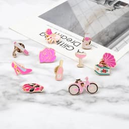 Women Pink Rose Enamel Pins Brooches Champagne Wine Glass Cigarette Vintage Record Player Cute Bike Badges Jewelry for Girl Kids